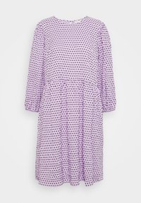 Vestido roxo até ao joelho com mangas longas com volume, apresentando um padrão de bolinhas pretas, um decote redondo e uma cintura franzida.