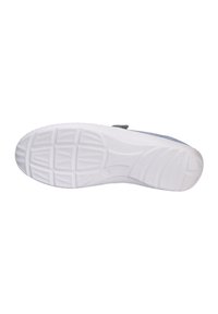 Semelle de chaussure avec une base en caoutchouc blanc, dotée d'un motif de semelle pour l'adhérence, et d'un accent gris à l'arrière. Texture lisse et forme incurvée.