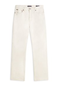 Weiße Jeans aus Denim mit geradem Bein. Merkmale sind ein Knopfleistenverschluss, fünf Taschen und dezente Nahtdetails.