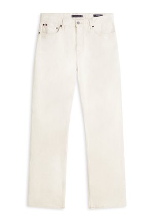 Baltas džinsa bikses ar taisnu kāju griezumu. Tām ir pogu aizdare, piecas kabatas un smalkas šūšanas detaļas.