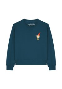 Teal sweatshirt met lange mouwen en een relaxte pasvorm. Heeft een afbeelding van een gnoom met een pikhouweel op de linkerkant van de borst.
