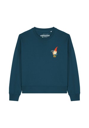 Türkiser Sweatshirt mit langen Ärmeln und legerem Schnitt. Mit einem Grafikbild eines Gnomes, der eine Spitzhacke in der linken Brustgegend hält.