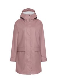 Imperméable rose clair avec capuche, boutons pression à l'avant, manches longues et deux grandes poches avant.