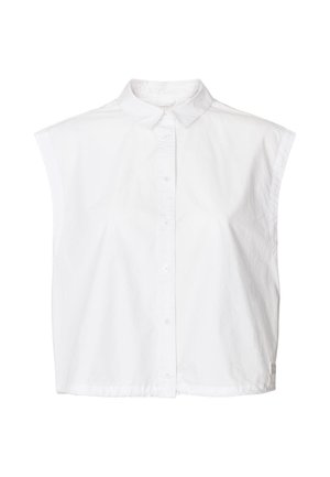 Camicia bianca senza maniche in cotone con chiusura frontale con bottoni, collo classico e forma ampia e squadrata. Presenta una texture liscia e un design minimalista.
