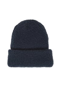 Berretto in maglia navy con risvolto, realizzato in tessuto testurizzato, caratterizzato da una superficie morbida e pelosa e una parte superiore arrotondata.