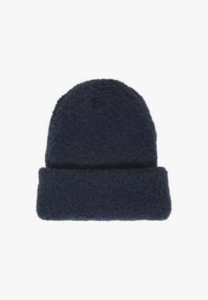 Granatowa dziana czapka beanie z folded brimiem, wykonana z teksturowanej tkaniny, z miękką, puszystą powierzchnią i zaokrąglonym wierzchołkiem.