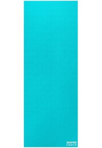 Tappetino da esercizio turchese con superficie texturizzata, forma rettangolare e un logo nell'angolo in basso a destra. Bordo liscio, design leggero.