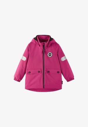 Giacca impermeabile rosa per bambini con cappuccio, zip frontale, due tasche con bottone e toppe riflettenti sulle maniche.