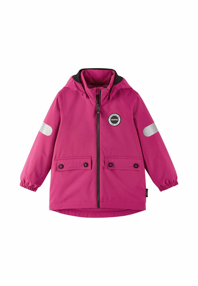 Børns vandtætte pink jakke med hætte, frontlynlås, to knap-lukket lommer og reflekterende patches på ærmerne.