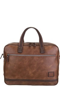 Borsa per laptop in pelle marrone con doppi manici, tasca frontale con zip, finitura testurizzata e discreto logo laterale.
