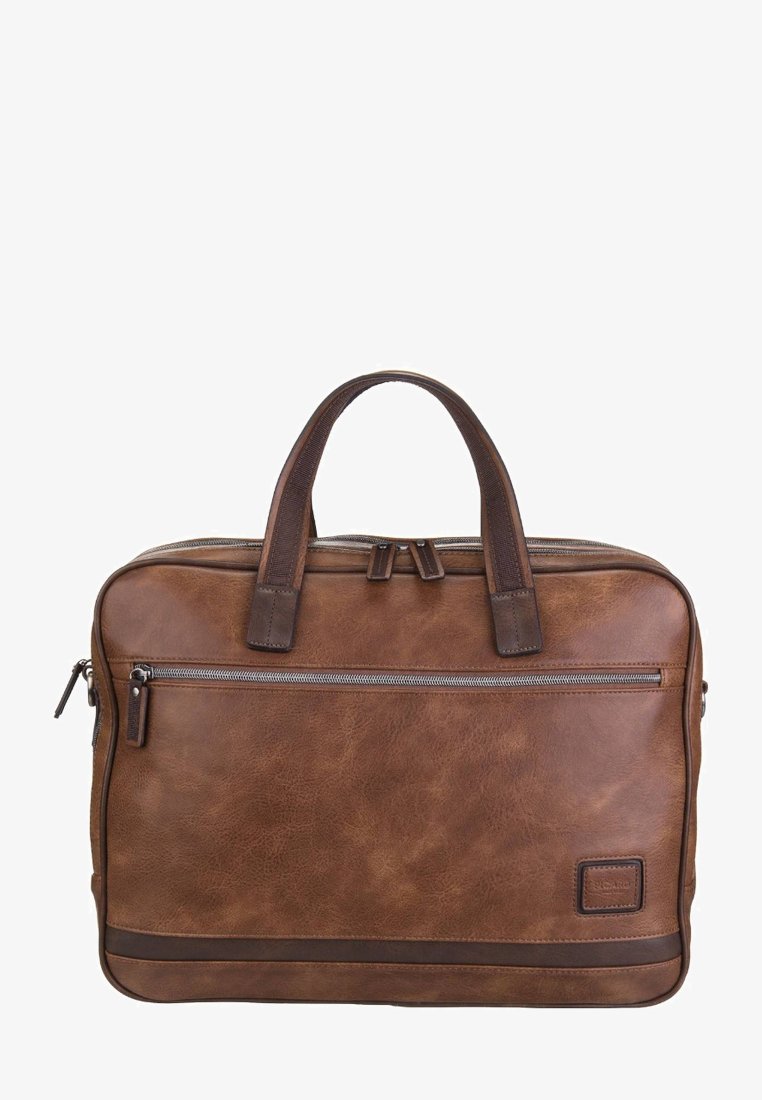 Brown leather laptop bag with dual handles, front zipper pocket, textured finish, and subtle logo detail on the side.