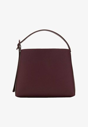 Geantă de mână din piele burgundă cu un design structurat, textură netedă și un singur mănunchi superior. Prezintă o estetică minimalistă și fără hardware vizibil.