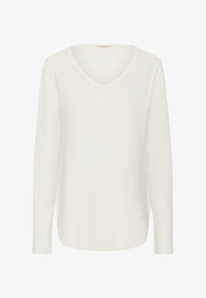 Langärmliges, weißes V-Ausschnitt-Oberteil aus weichem Stoff mit glatter Textur. Mit lockerer Passform und leicht gewelltem Saum.