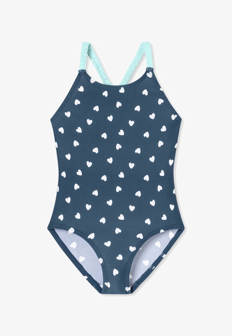 Jednodílné plavky v tmavě modré barvě s bílým vzorem srdcí. Obsahují tenké ramínka s akcenty mátové zelené a elastickou tkaninu pro pohodlí.