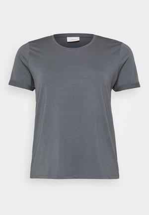 Grå kortærmet T-shirt lavet af blødt stof, med en klassisk rund halsudskæring og oprullede ærmer. Glat tekstur uden synlige mønstre.