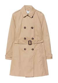 Beiger Trenchcoat mit doppelreihiger Vorderseite, braunen Knöpfen, Gürtel in der Taille und Schulterklappen. Glatter Stoff mit maßgeschneiderter Passform.