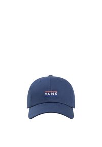 Tummansininen baseball-hattu, joka on valmistettu puuvillasta ja jossa on kaareva lippa. Etupaneelissa on punaisella ja valkoisella brodeerattu "VANS"-logo.