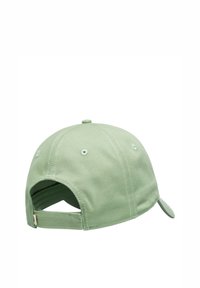 Green cotton cap with a curved brim, adjustable strap at the back, and six-panel construction featuring ventilation eyelets.