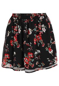 Shorts floraux avec un fond noir, ornés de fleurs rouges, blanches et vertes, fabriqués en tissu léger et dotés d'une taille élastique.