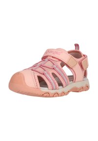 Pink children's sandal featuring breathable mesh, elastic straps, adjustable hook-and-loop closure, and a textured rubber sole for grip.