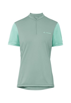 Maillot de cyclisme vert menthe à manches courtes avec fermeture éclair quart de longueur et logo Vaude sur la poitrine.