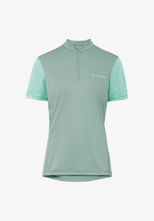 Maillot de cyclisme vert menthe à manches courtes avec fermeture éclair quart de longueur et logo Vaude sur la poitrine.