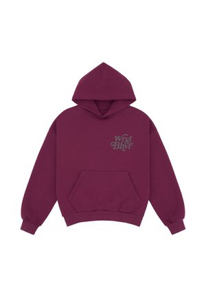 Sweat à capuche marron avec poche avant et texte gris "Wrst Bhvr" sur la poitrine gauche, présenté sur fond blanc.