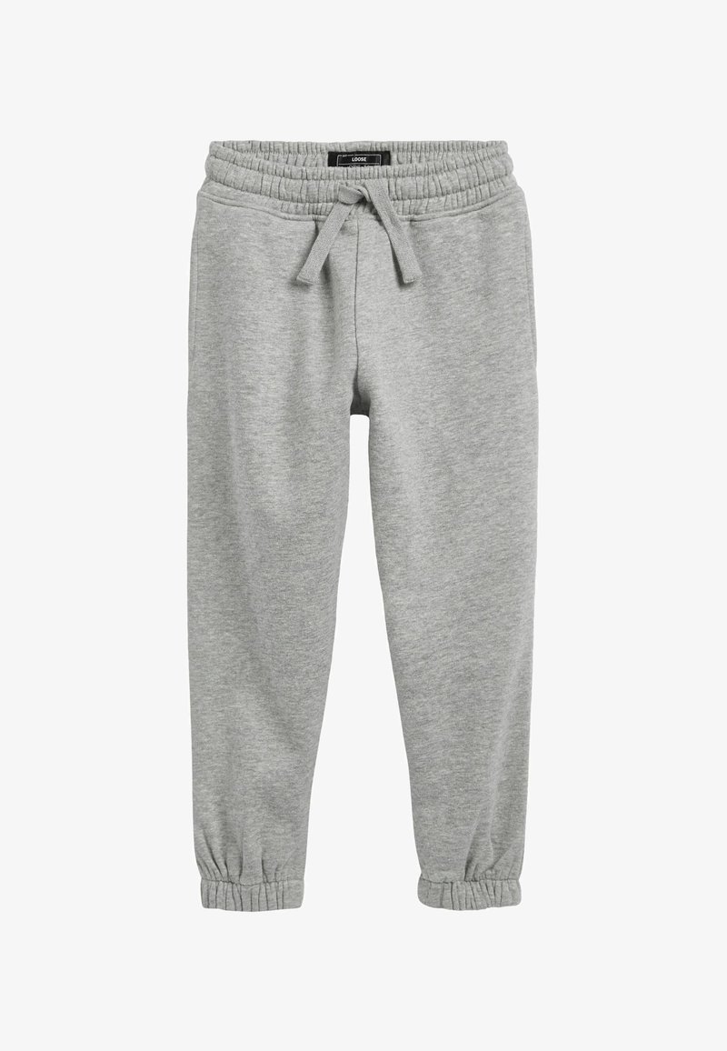 Grå sweatpants lavet af blødt stof, med en elastisk talje og snøre, samt tætsiddende manchetter ved anklerne.