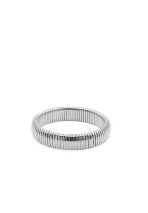 Silver metal coil stretch bracelet with evenly spaced ridges around its circular shape on a white background.