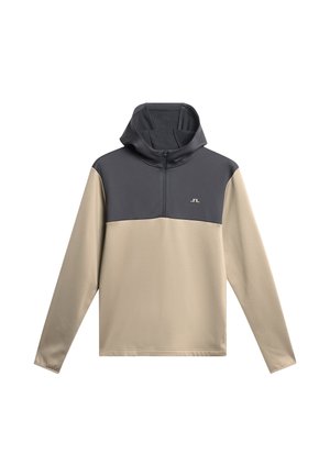 Capuchontrui met een ritssluiting bij de kraag, met een grijs bovenstuk en een beige onderstuk. Soepel materiaal met een logodetail.