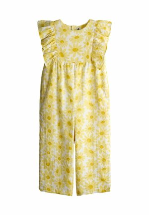 Žltý kvetinový overal bez rukávov s volánovými detailmi na ramenách a širokými nohavicami pre malé dievčatká.