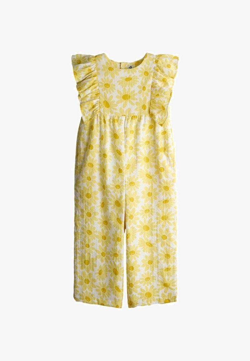 Gul blomsterprintet ærmeløs jumpsuit med flæsedetaljer på skuldrene og bukser med vide ben til små piger.