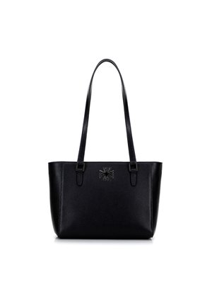 Bolso tote de cuero negro con acabado texturizado, que cuenta con asas dobles y un emblema decorativo en la parte frontal. Forma rectangular simple.