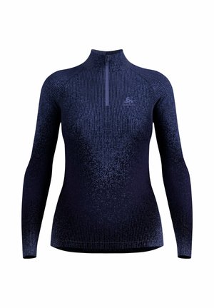 Navy long-sleeve top with a zippered collar. Features a textured gradient pattern, stretchy fabric, and fitted design. Logo on the chest.