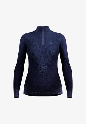 Navy long-sleeve top with a zippered collar. Features a textured gradient pattern, stretchy fabric, and fitted design. Logo on the chest.