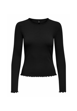Czarny, długi rękaw, prążkowany top z okrągłym dekoltem i falbaniastym wykończeniem. Wykonany z elastycznej tkaniny, aby idealnie przylegał do sylwetki. Gładka faktura.