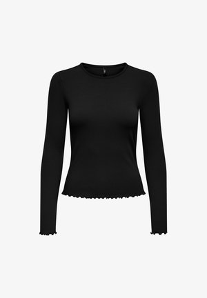 Czarny, długi rękaw, prążkowany top z okrągłym dekoltem i falbaniastym wykończeniem. Wykonany z elastycznej tkaniny, aby idealnie przylegał do sylwetki. Gładka faktura.