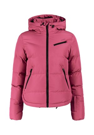 Roze geïsoleerd winterjack met capuchon, volledige ritssluiting aan de voorkant, drie ritszakken en verstelbare treksnoeren aan de capuchon.