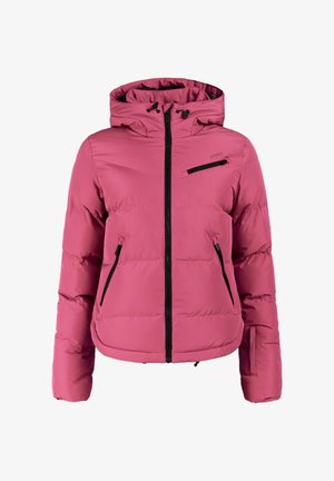 Roze geïsoleerd winterjack met capuchon, volledige ritssluiting aan de voorkant, drie ritszakken en verstelbare treksnoeren aan de capuchon.