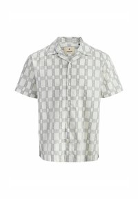 Camisa a cuadros de manga corta en gris claro y blanco. Tejido de mezcla de algodón, diseño con botones en la parte delantera, cuello tipo campamento y dobladillo recto.