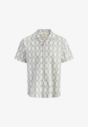 Korte mouw geruite blouse in lichtgrijs en wit. Katoenmengsel, met knoopsluiting aan de voorkant, een camp collar en rechte zoom.