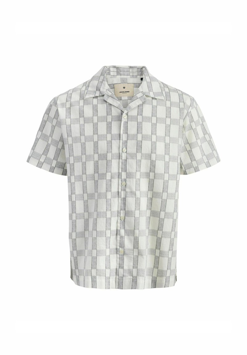 Camisa a cuadros de manga corta en gris claro y blanco. Tejido de mezcla de algodón, diseño con botones en la parte delantera, cuello tipo campamento y dobladillo recto.