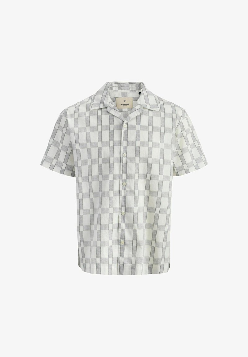 Short-sleeve checkered shirt in light gray and white. Cotton blend fabric, button-front design, with a camp collar and straight hem.