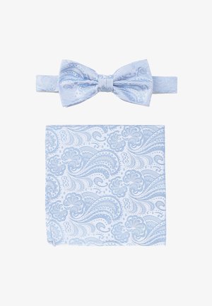 Light blue bow tie with paisley pattern and matching pocket square, both featuring intricate designs and textured fabric details.