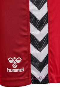 Röda sportshorts med sidopanel i svart och vit zigzag-mönster, tillverkade av ett ventilerande meshmaterial, med logotyp tryckt längst ner.