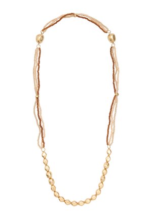 Naszyjnik z wieloma nitkami małych, brązowych i beżowych koralików oraz większych, gładkich, złotych owalnych koralików na środkowej nitce.