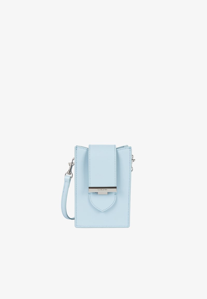 Borsa a tracolla in pelle azzurro chiaro con forma strutturata, risvolto, hardware argentato e tracolla regolabile. Design moderno e minimalista.