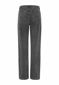Hellebig, hochtaillierte graue Jeans aus Denim mit glatter Textur. Verfügt über zwei Gesäßtaschen und ein schlichtes Taillenband-Design.