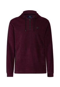 Burgundy kolle hoodie med dragkedja i halsen, svarta snörningar och känguruficka. Mjuk, texturerad tyg med ett logopatch.