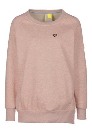 Hellrosa Langarm-Pullover mit kleinem dunklem Herz-Emblem auf der linken Brust sowie Rippenbündchen und Saum.